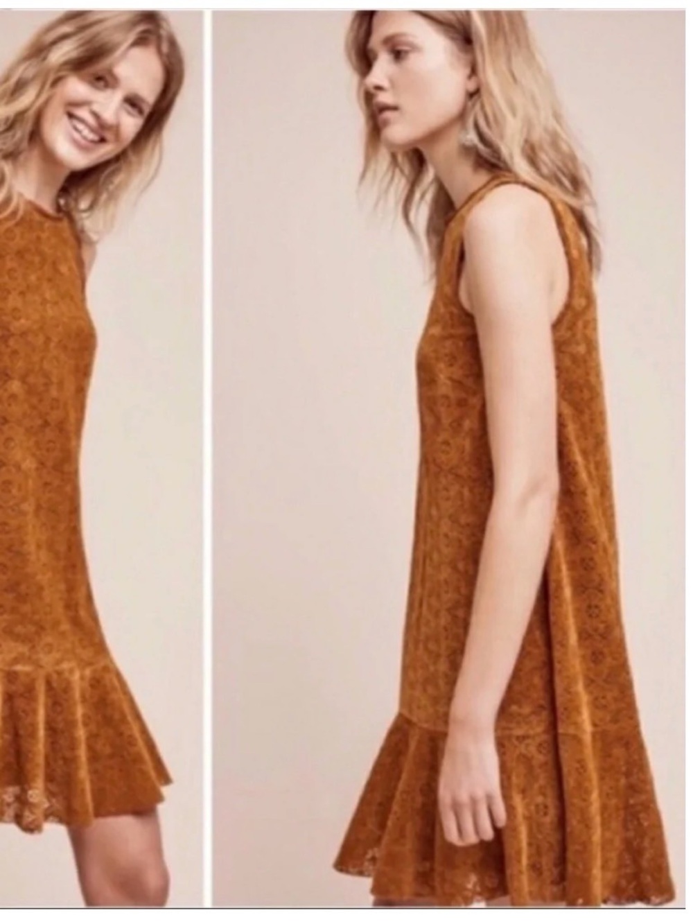 Maeve for Anthropologie Amis Lace Velvet Swing Midi Mustard Gold Dress
